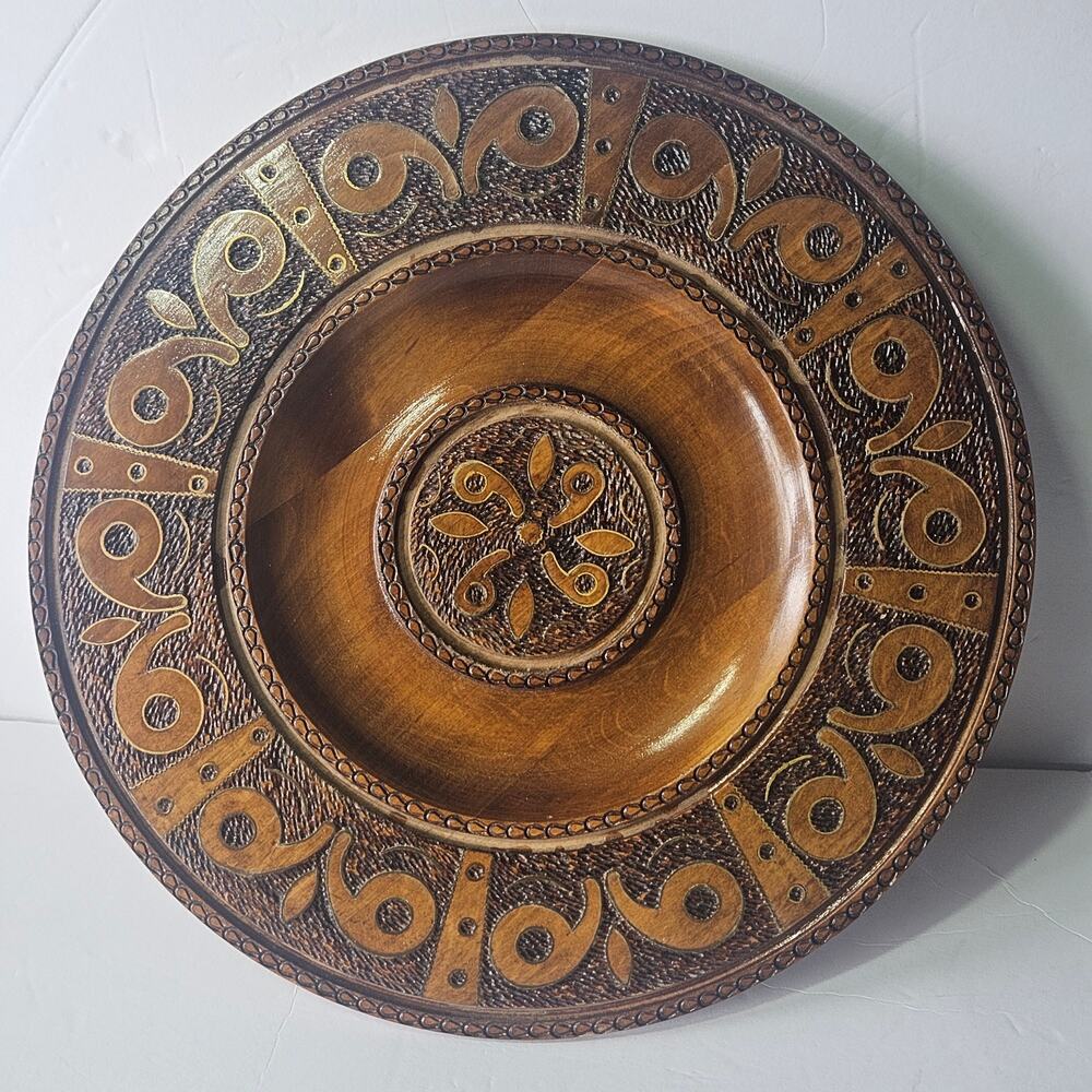 Vintage Hand-Carved Wooden Folk Art Plate - Chip Carved Geometric Medallion
